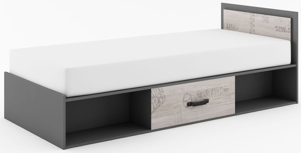 Deena seng med oppbevaring 90x200 cm - Grafitt/eik